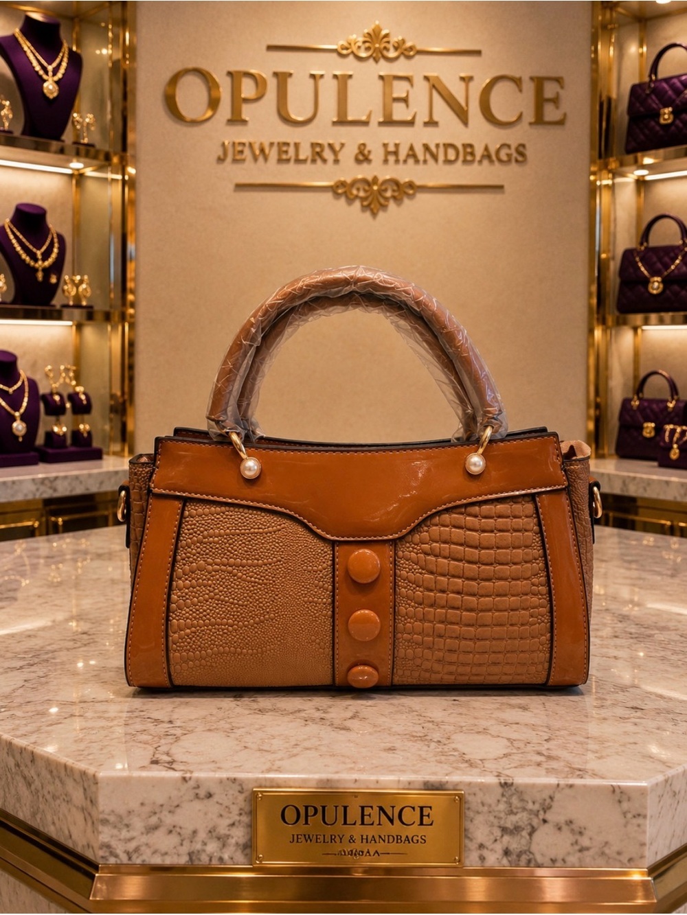 Tan Faux Textured Leather Top-Handle Bag